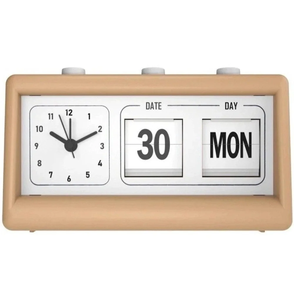 Retro Analog Alarm Clock with Flip Date Display Tan Beige Vintage Style NEW